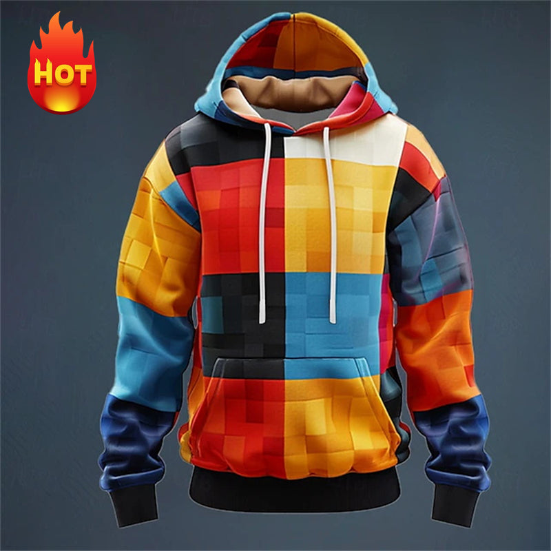 Y2K Men’s Oversized Hoodie – 3D Plaid Print Streetwear Sweatshirt