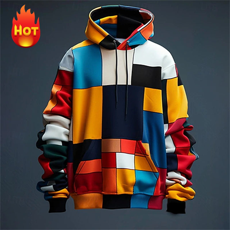 Y2K Men’s Oversized Hoodie – 3D Plaid Print Streetwear Sweatshirt